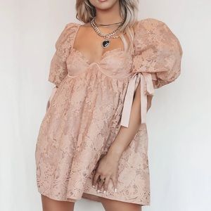 For Love & Lemons Pink Puff Sleeve Victorian Lace Underwire Cups Mini Dress NWT